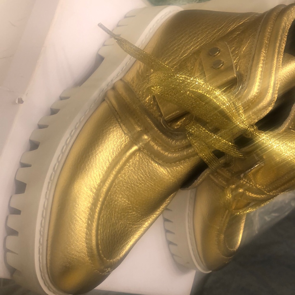 Gold leather angle boot, chunky heel